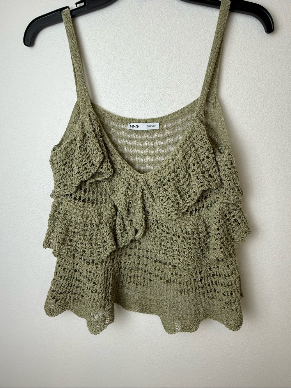 Mango Olive Crochet Ruffle Spaghetti Strap Tank